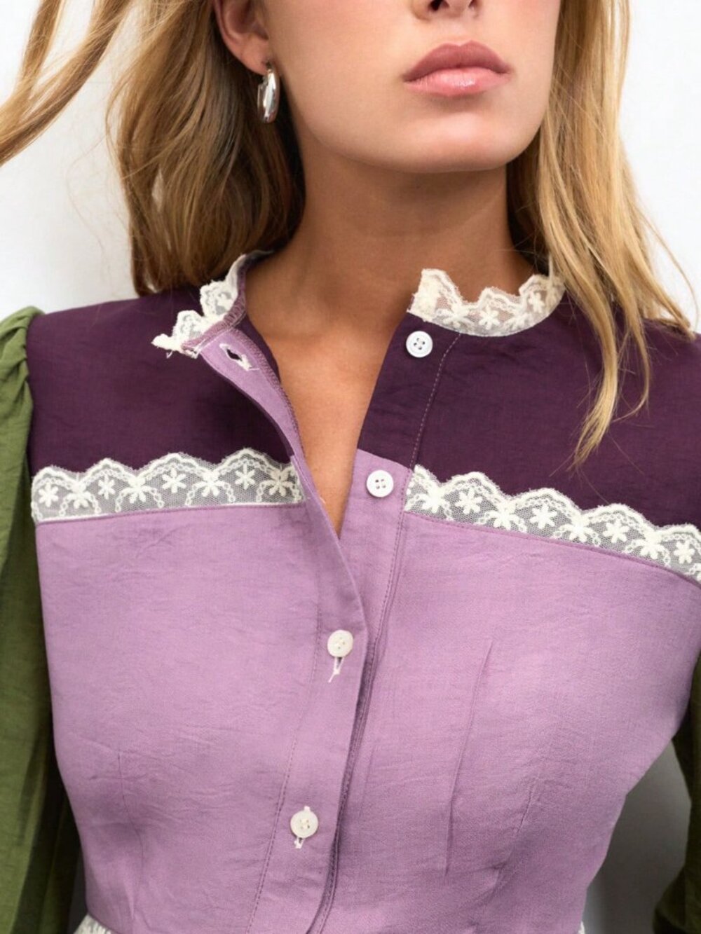 Purple Elegant Women's Colorblock Lace Trim Peplum Blouse - Picture 3 of 7